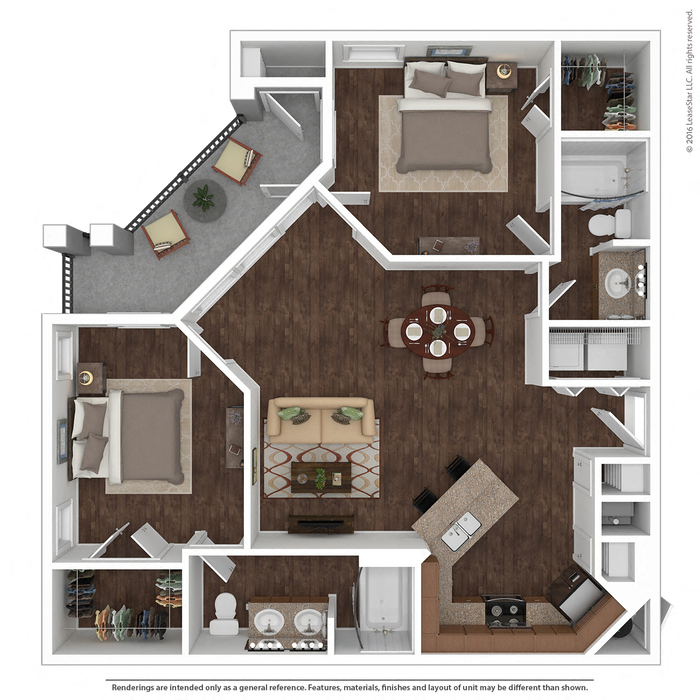 Floor plan for 2 beds, 2 baths, 1126 sqft